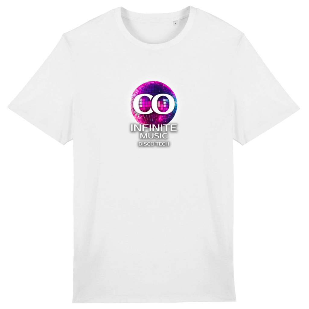 T-Shirt Motif Boule Disco Violette et Ecriture Blanche "Infinite Music - Disco'Tech"